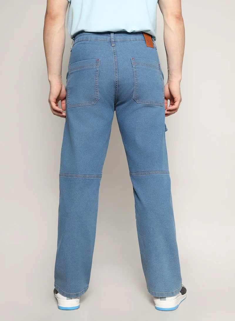Campus Sutra Men's Prussian Blue Panel Patch Pocket Denim Jeans