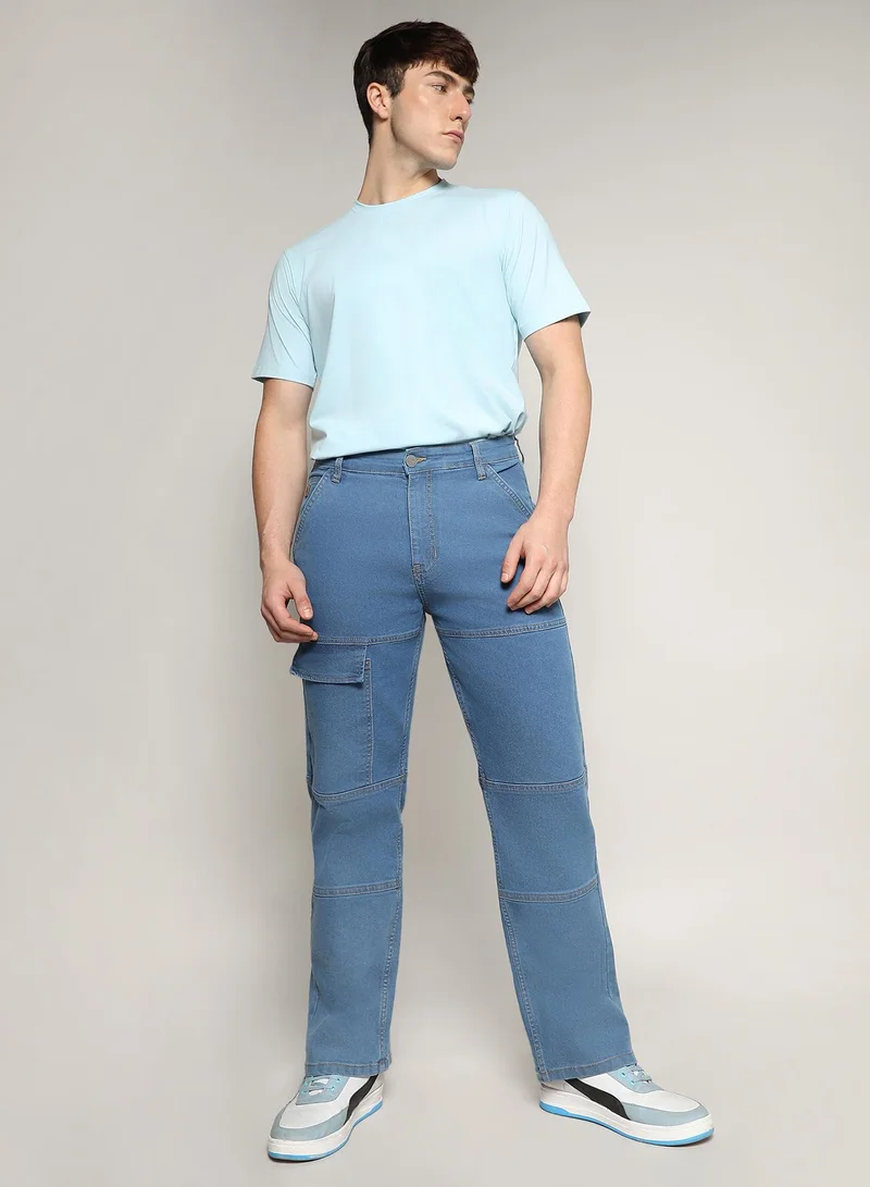 Campus Sutra Men's Prussian Blue Panel Patch Pocket Denim Jeans