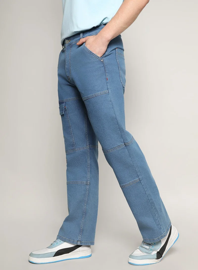 Campus Sutra Men's Prussian Blue Panel Patch Pocket Denim Jeans