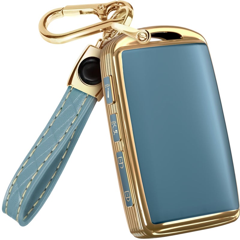 Lucrum for Mazda CX5 Key Fob Cover and Leather Keychain TPU Key Case for Mazda 3 6 CX5 CX9 CX30 CX50 CX7020192025 Keyfob Cover Compatible with WAZSKE11D0 Blue and Gold