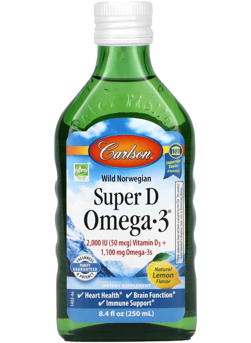 Carlson أوميغا-3 سوبر دي من النرويج البرية، ليمون طبيعي، 8.4 أونصة سائلة (250 مل)