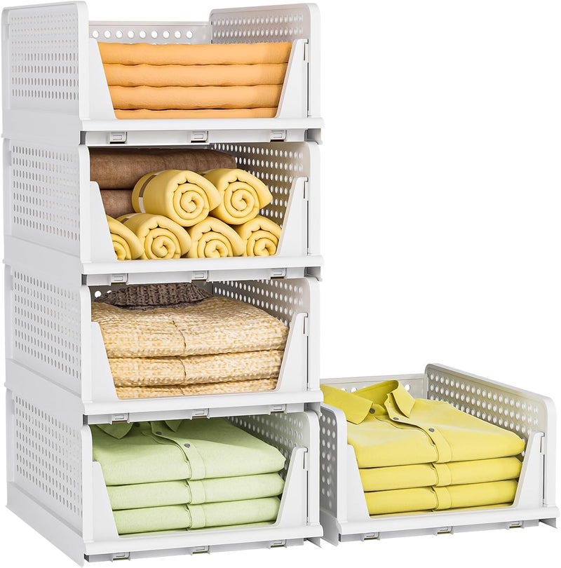 HOMIFLY Set of 5 Large Foldable Cloth Storage Organizer/Stackable Wardrobe Organizer For Clothes/Multipurpose Sliding Basket/Rack Organiser for Storage/Shirt Stacker Box (44 x 33 x 91 cm, White) - Image 1