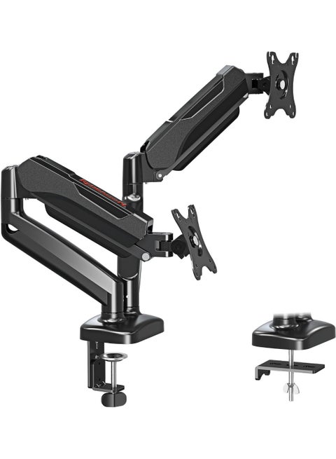 حامل شاشة مزدوج GMK915 - أذرع قابلة للتعديل بنابض غاز مع VESA 75/100 مم، متوافق مع شاشات مقاس 13-32 بوصة، مشبك C وقاعدة حلقية، إدارة الكابلات، سعة تحميل 8 كجم، دوران 360 درجة