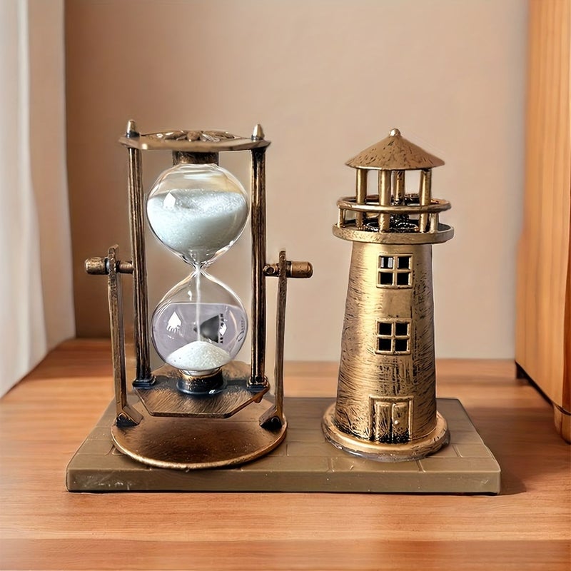 Vintage Bronze Lighthouse Hourglass Ornament for School Season Office Home Decor - Image 1