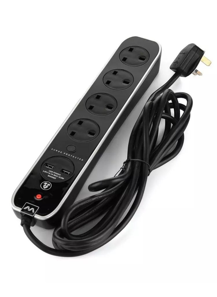 MASTERPLUG - High Gloss USB Extension Lead 4 Meter 4 Sockets 2 USB Surge Protection - Image 1