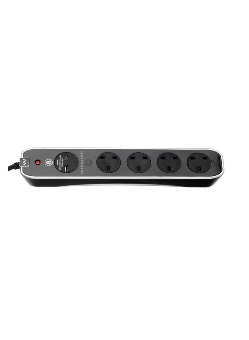MASTERPLUG High Gloss Extension Lead 4M with 4 Sockets & 2 USB Ports Surge Protected Power Strip Black - Image 2