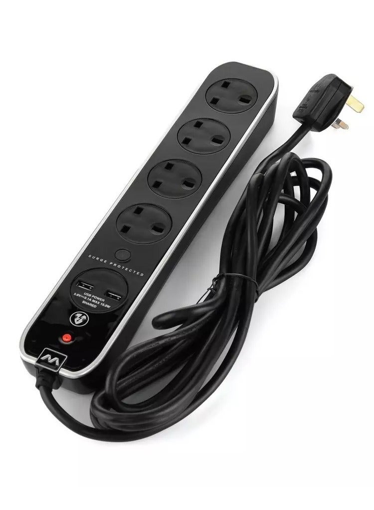 MASTERPLUG High Gloss Extension Lead 4M with 4 Sockets & 2 USB Ports Surge Protected Power Strip Black - Image 4