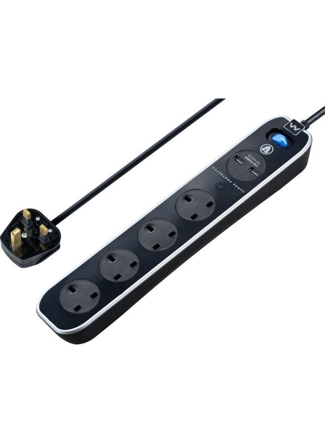 MASTERPLUG High Gloss Extension Lead 4M with 4 Sockets & 2 USB Ports Surge Protected Power Strip Black - Image 1