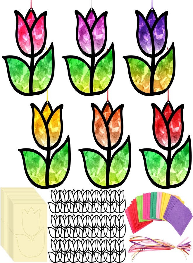 Supervitae 24 Sets Tulip Crafts Kits Mother's Day Crafts Spring Flower Paper Sun Catchers Art Kits DIY Tissue Paper Sign Make Your Own Flower Stickers Scene for Mother's Day Gifts Art Activities - Image 1