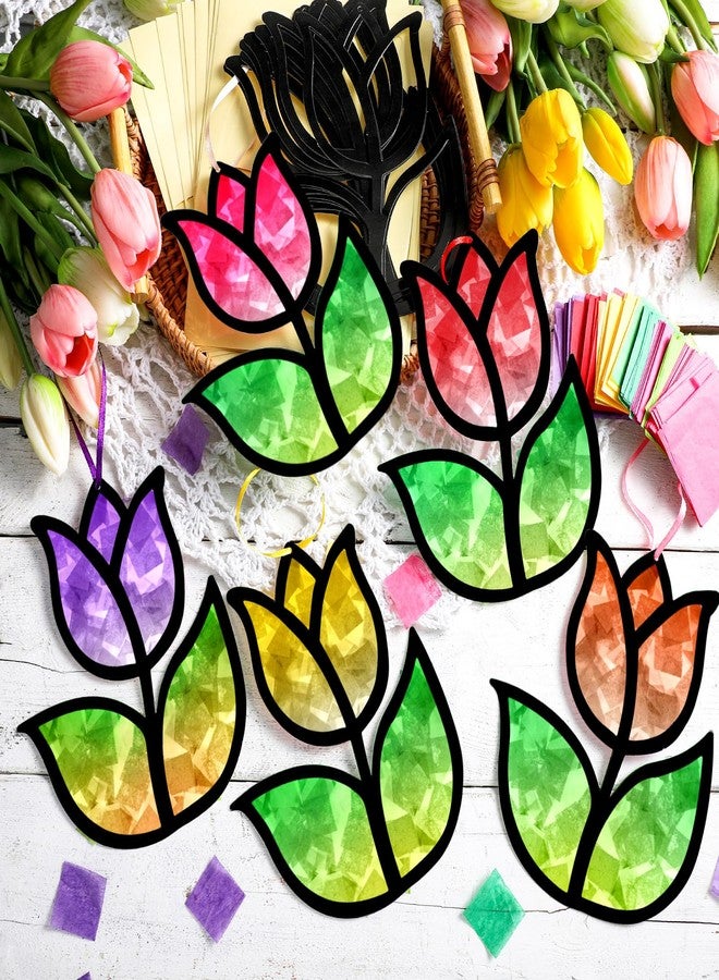 Supervitae 24 Sets Tulip Crafts Kits Mother's Day Crafts Spring Flower Paper Sun Catchers Art Kits DIY Tissue Paper Sign Make Your Own Flower Stickers Scene for Mother's Day Gifts Art Activities - Image 3