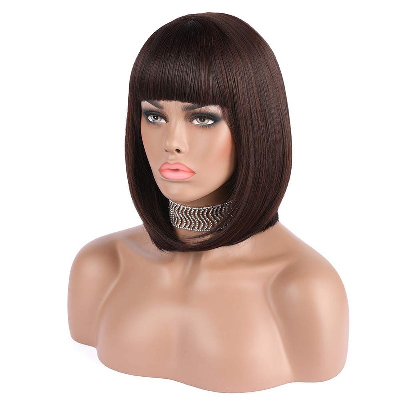 eNilecor Short Brown Bob Wigs 12 Straight with Flat Bangs Synthetic Colorful Cosplay Daily Party Wig for Women Natural As Real Hair Free Wig Cap Dark Brown