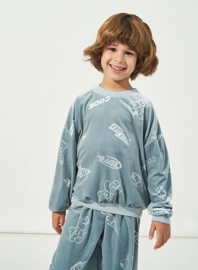 Styli Patterned Print Velour Sweatshirt & Joggers Set