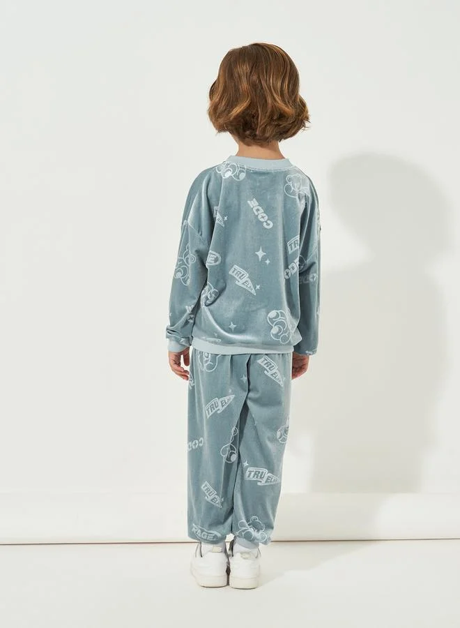 Styli Patterned Print Velour Sweatshirt & Joggers Set