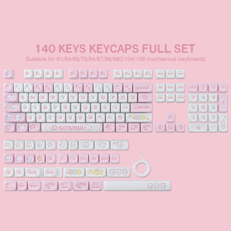 TYRIXKI PBT Cute Kitty-cat Keycaps Set 140 Keys Dye-Sublimation MOA Profile Keycaps for Cherry Gateron MX Swithes Mechanical Keyboards - Image 2