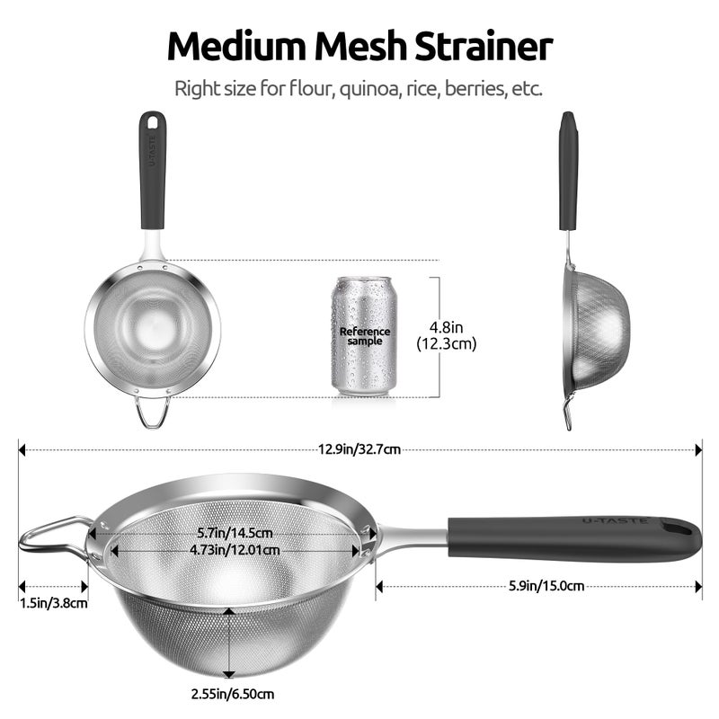 U-Taste Medium Fine Mesh Strainer: 18/8 Stainless Steel 4.73in 30 Mesh Kitchen Food Sieve with Sturdy Riveted Silicone Handle, Heavy Duty Deep Handheld Metal Colander for Rice, Quinoa, Flour (Black) - Image 2