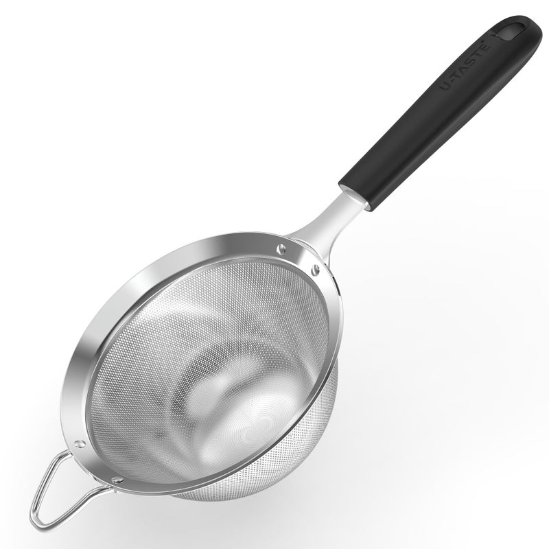 U-Taste Medium Fine Mesh Strainer: 18/8 Stainless Steel 4.73in 30 Mesh Kitchen Food Sieve with Sturdy Riveted Silicone Handle, Heavy Duty Deep Handheld Metal Colander for Rice, Quinoa, Flour (Black) - Image 1