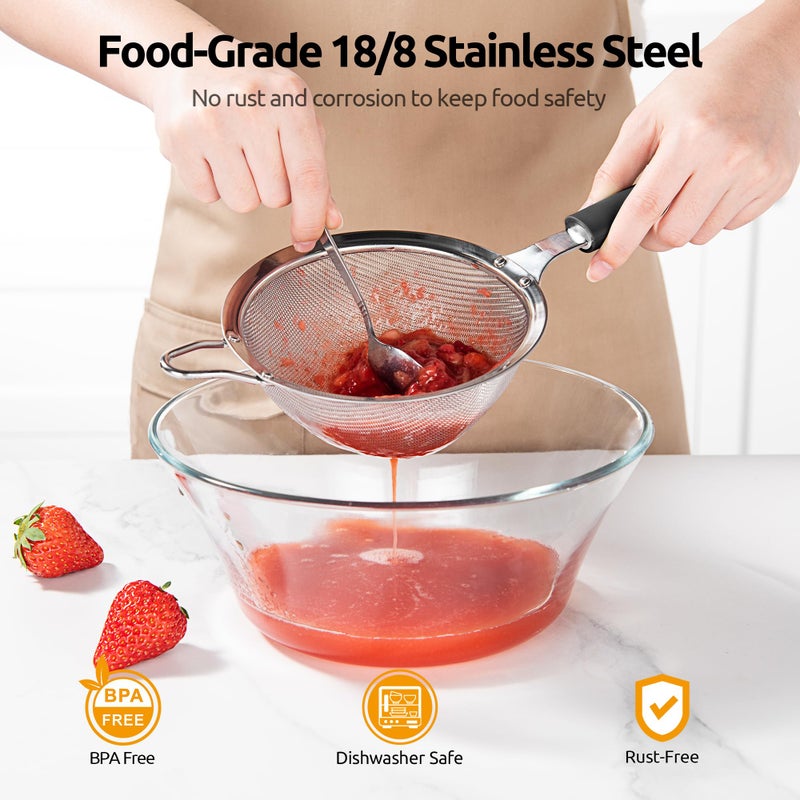 U-Taste Medium Fine Mesh Strainer: 18/8 Stainless Steel 4.73in 30 Mesh Kitchen Food Sieve with Sturdy Riveted Silicone Handle, Heavy Duty Deep Handheld Metal Colander for Rice, Quinoa, Flour (Black) - Image 3