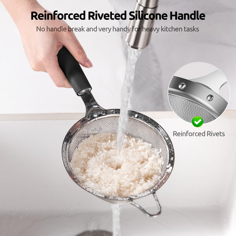 U-Taste Medium Fine Mesh Strainer: 18/8 Stainless Steel 4.73in 30 Mesh Kitchen Food Sieve with Sturdy Riveted Silicone Handle, Heavy Duty Deep Handheld Metal Colander for Rice, Quinoa, Flour (Black) - Image 4