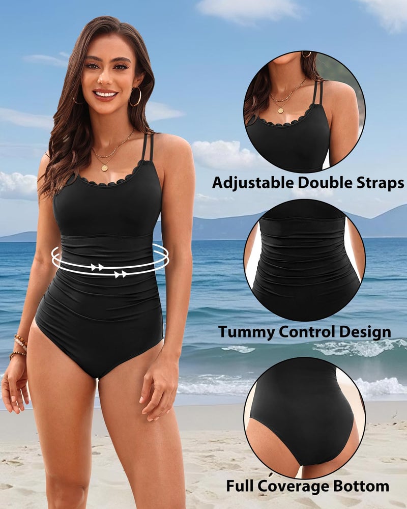 Daci Black Womens One Piece Swimsuit Tummy Control - Slimming Bathing Suit Scalloped Neck Full Coverage Swimwear 2025 M - Image 4