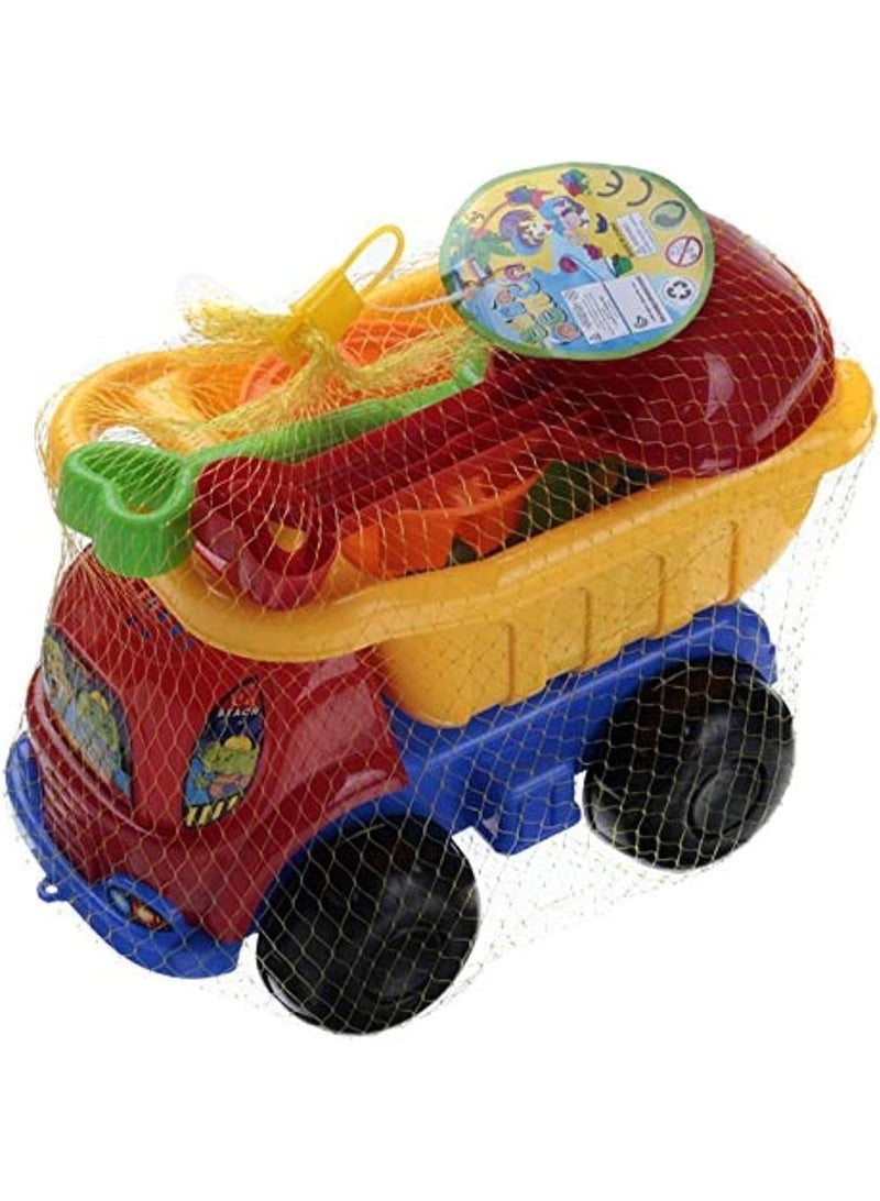 7-Piece Multicolor Sand Dump Truck Beach Toy Set – Includes Bucket, Dump Truck, Shovel, Rake & Sand Molds | Outdoor Summer Sandbox & Beach Playset for Toddlers & Kids