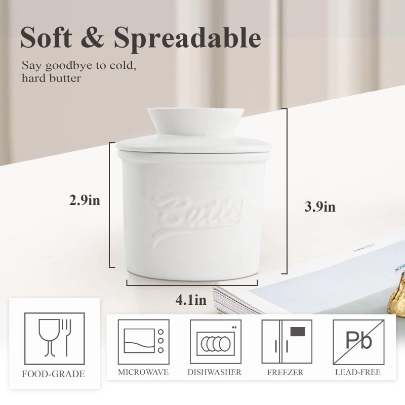 MSJGA Butter Crock for Counter with Water, French Butter Keeper for Spreadable Butter Ceramic Butter Dish with Lid for Countertop, Butter Container Holder, Home Kitchen Decor (White, M) - Image 3