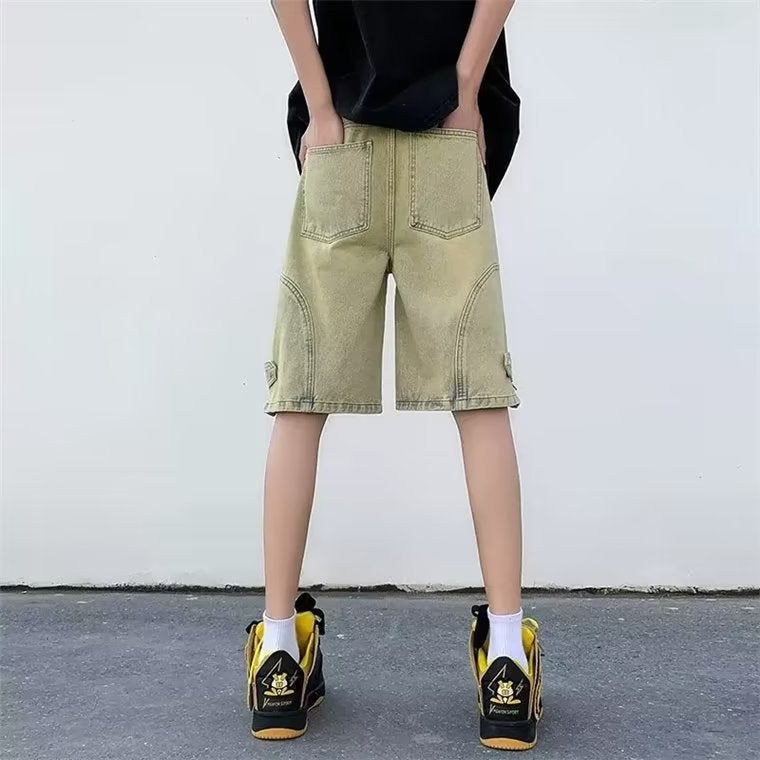 Boys Summer Casual Pants Loose Straight Solid Color Personalized Niche Street Korean-style All-match Jeans Half-length Pants - Image 4