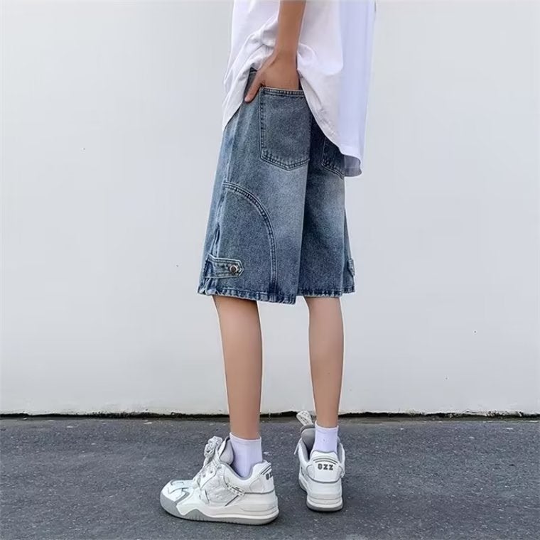 Boys Summer Casual Pants Loose Straight Solid Color Personalized Niche Street Korean-style All-match Jeans Half-length Pants - Image 5