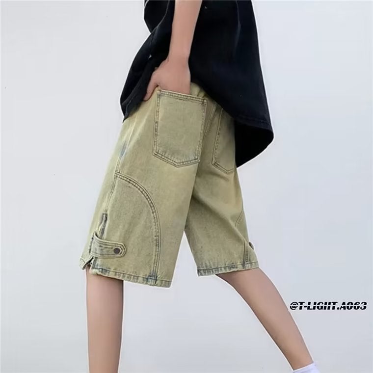 Boys Summer Casual Pants Loose Straight Solid Color Personalized Niche Street Korean-style All-match Jeans Half-length Pants - Image 1