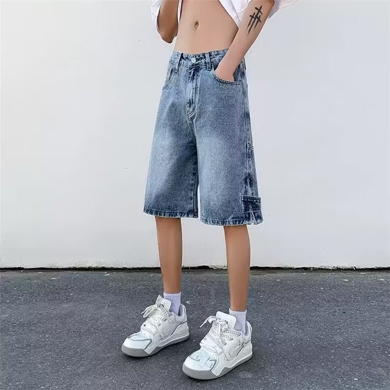 Boys Summer Casual Pants Loose Straight Solid Color Personalized Niche Street Korean-style All-match Jeans Half-length Pants - Image 3
