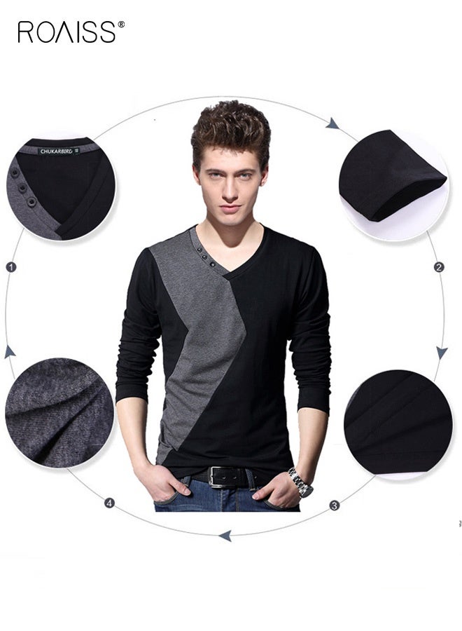 رويس بلوزة رجالية كاجوال بأكمام طويلة وفتحة رقبة على شكل حرف V من مزيج القطن مع تفاصيل أزرار مزخرفة، نسيج محبوك ناعم يوفر تمددًا طفيفًا، ملاءمة مريحة مثالية للارتداء اليومي المريح في الربيع والخريف - Image 3