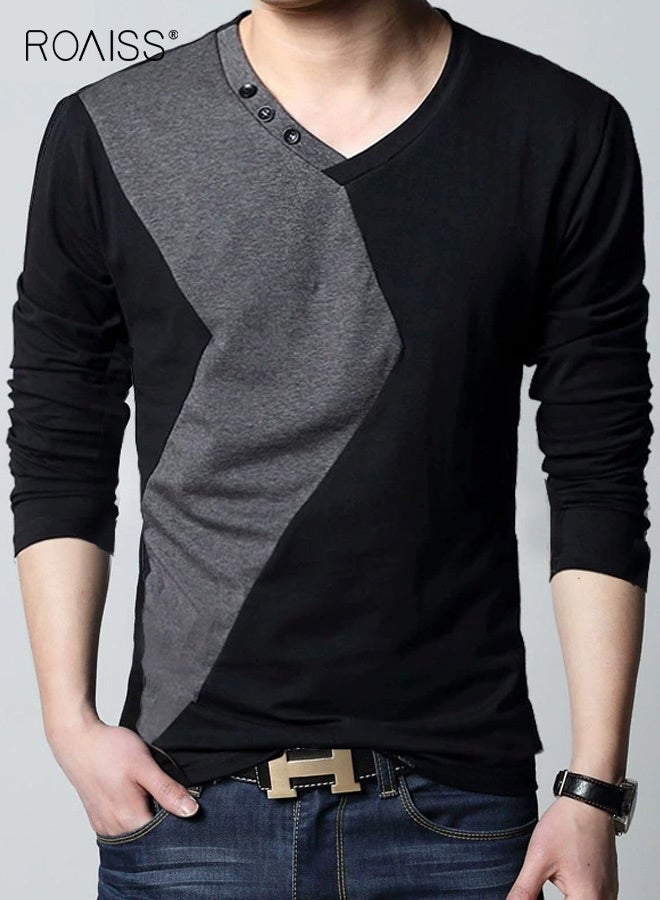 رويس بلوزة رجالية كاجوال بأكمام طويلة وفتحة رقبة على شكل حرف V من مزيج القطن مع تفاصيل أزرار مزخرفة، نسيج محبوك ناعم يوفر تمددًا طفيفًا، ملاءمة مريحة مثالية للارتداء اليومي المريح في الربيع والخريف - Image 1