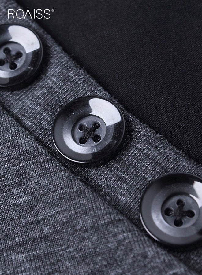 رويس بلوزة رجالية كاجوال بأكمام طويلة وفتحة رقبة على شكل حرف V من مزيج القطن مع تفاصيل أزرار مزخرفة، نسيج محبوك ناعم يوفر تمددًا طفيفًا، ملاءمة مريحة مثالية للارتداء اليومي المريح في الربيع والخريف - Image 2