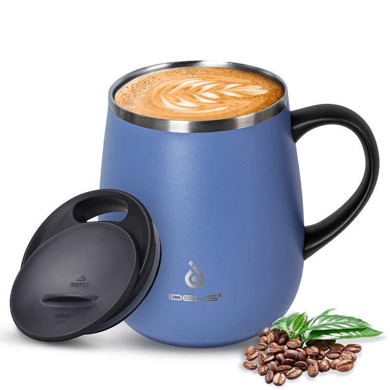 Ideus Coffee Mug 470ml 16oz Double Wall Vacuum Insulated Stainless Steel Coffee  Tea Cup wNonSlip Handle  Slider Module Lid  Large Volume Sky Blue