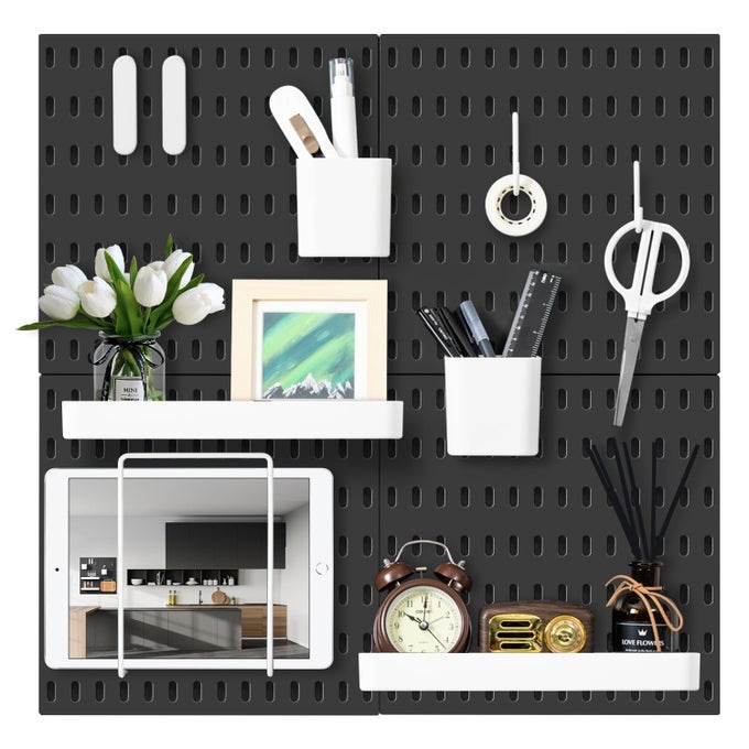 Pegboard Combination Wall Organizer Kit 4 Pieces Pegboards and 17 Accessories Modular Hanging Wall Mount Display Peg Board Panel Kits for Bedroom Home Office Bathroom 22 x 22 Black