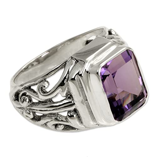NOVICA Artisan Handmade Men's Amethyst Ring Sterling Silver Purple Single Stone Indonesia Birthstone [crownbezel 1 in L x 0.6 in W x 0.3 in H Band Width 3 mm W] ' Wisdom Warrior' - Image 1