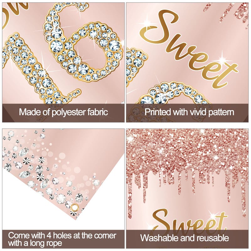 Excelloon Sweet 16 Birthday Door Banner Backdrop Decorations for Girls, Pink Rose Gold Happy 16th Birthday Party Door Cover Sign Supplies, Sixteen Year Old Birthday Poster Photo Booth Props Decor - Image 3