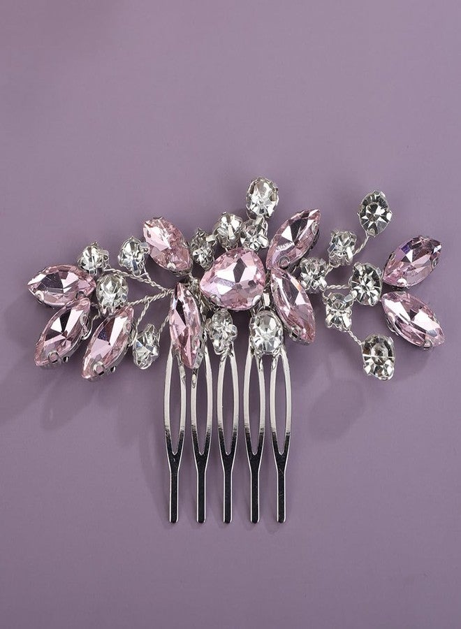 Rumtock Pink Rhinestones Beads Silver Hair Comb for Wedding Brides Side Headpiece Women Banquet Prom Hair Jewelry (Pink) - Image 4