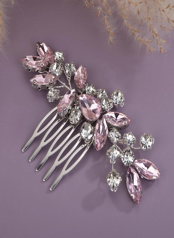 Rumtock Pink Rhinestones Beads Silver Hair Comb for Wedding Brides Side Headpiece Women Banquet Prom Hair Jewelry (Pink) - Image 3
