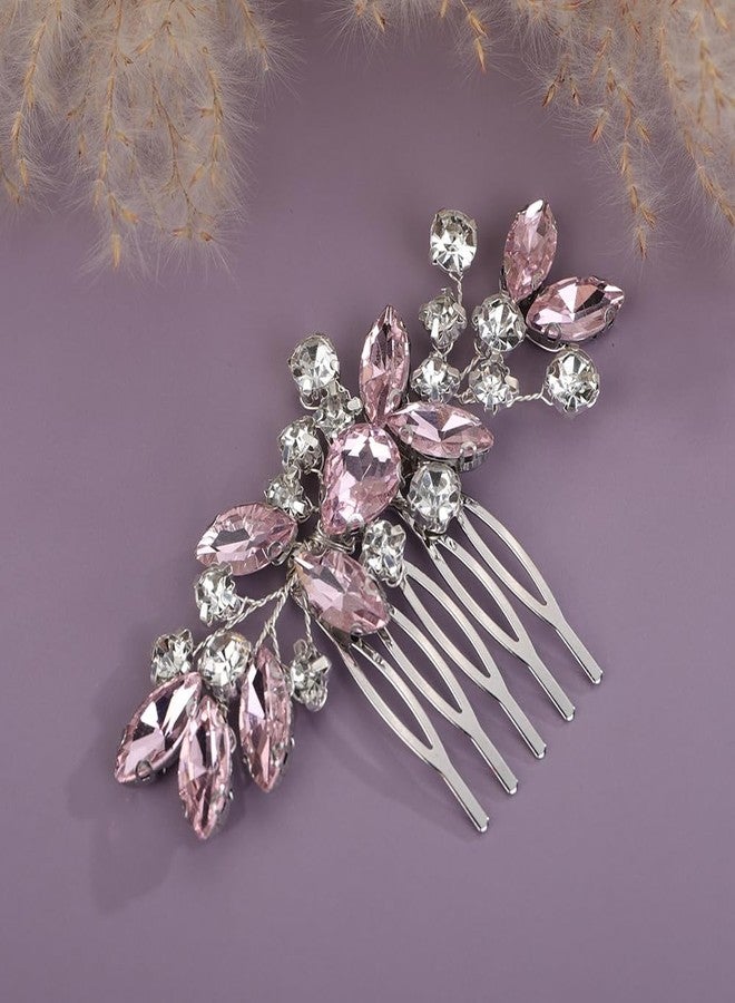 Rumtock Pink Rhinestones Beads Silver Hair Comb for Wedding Brides Side Headpiece Women Banquet Prom Hair Jewelry (Pink) - Image 1