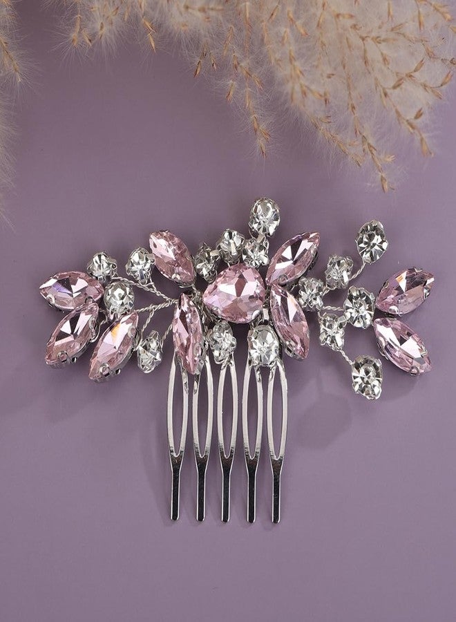 Rumtock Pink Rhinestones Beads Silver Hair Comb for Wedding Brides Side Headpiece Women Banquet Prom Hair Jewelry (Pink) - Image 2