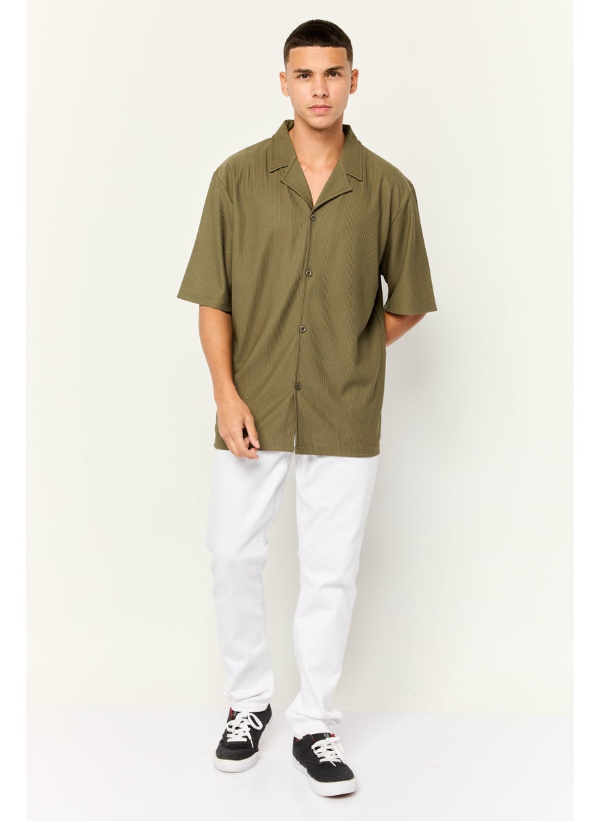 Core Elements Men Regular Fit Short Sleeve Ribbed Casual Shirts, Dark Olive  - Image 4