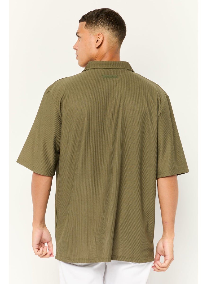 Core Elements Men Regular Fit Short Sleeve Ribbed Casual Shirts, Dark Olive  - Image 2