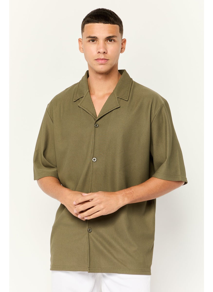 Core Elements Men Regular Fit Short Sleeve Ribbed Casual Shirts, Dark Olive  - Image 1