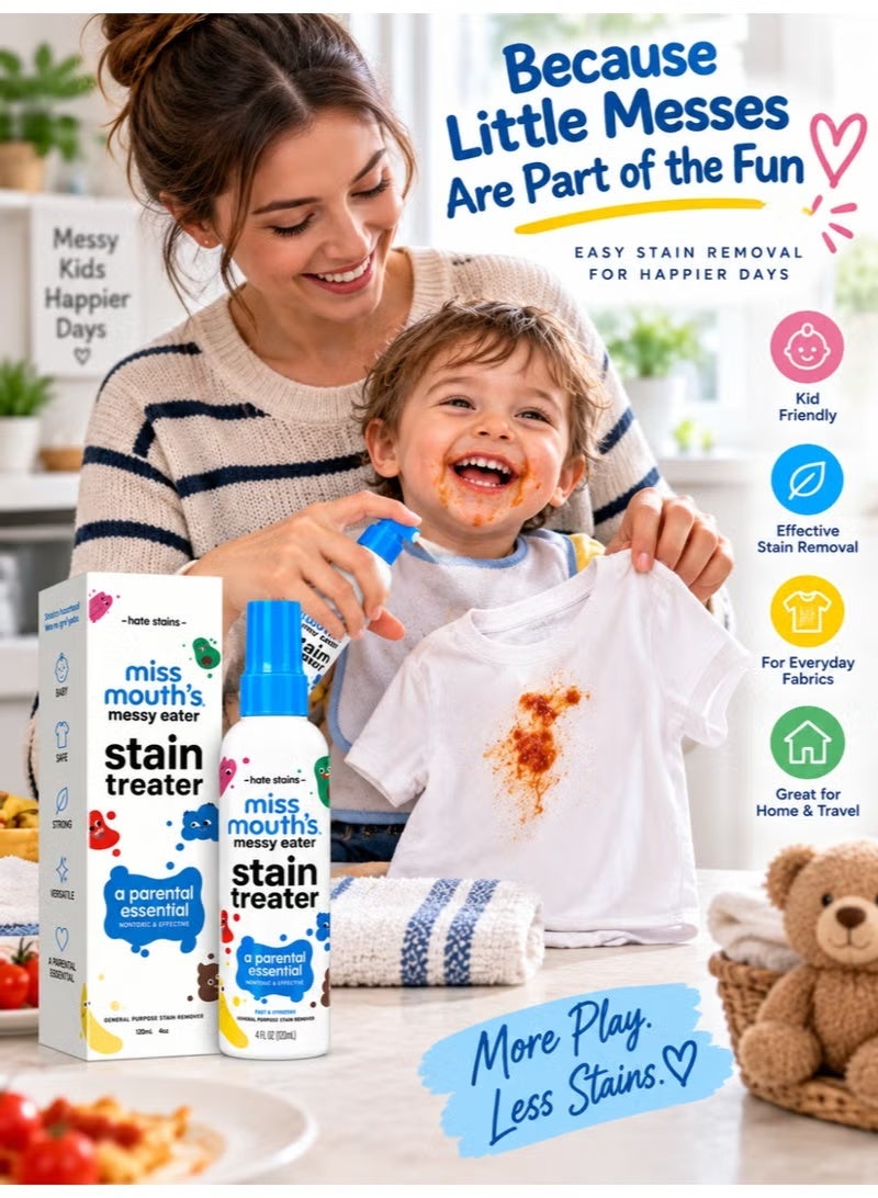 Miss Mouth's Messy Eater Stain Treater Spray, 120ml (4 Fl Oz) Pack of 2, Fast-Acting Fabric Laundry Stain Remover, Baby Food Stain Cleaner for Clothes & Bibs, Easy Spray Formula for Food, Drink & Everyday Stains, Convenient Laundry Care Solution for Home & Travel - Image 4