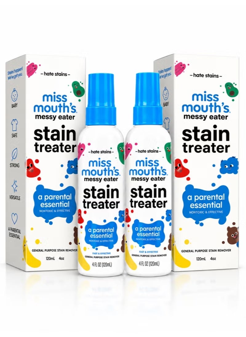 Miss Mouth's Messy Eater Stain Treater Spray, 120ml (4 Fl Oz) Pack of 2, Fast-Acting Fabric Laundry Stain Remover, Baby Food Stain Cleaner for Clothes & Bibs, Easy Spray Formula for Food, Drink & Everyday Stains, Convenient Laundry Care Solution for Home & Travel - Image 1