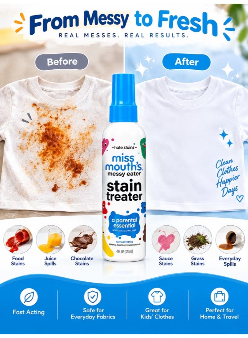 Miss Mouth's Messy Eater Stain Treater Spray, 120ml (4 Fl Oz) Pack of 2, Fast-Acting Fabric Laundry Stain Remover, Baby Food Stain Cleaner for Clothes & Bibs, Easy Spray Formula for Food, Drink & Everyday Stains, Convenient Laundry Care Solution for Home & Travel - Image 3