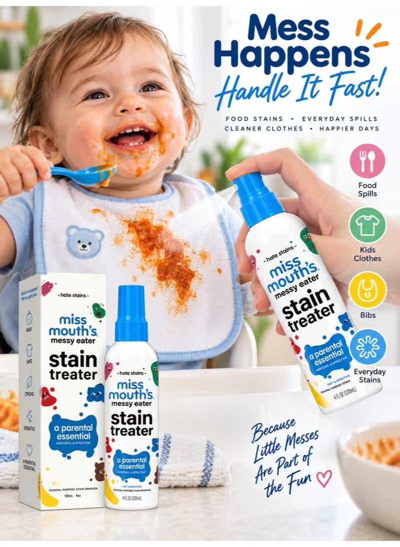 Miss Mouth's Messy Eater Stain Treater Spray, 120ml (4 Fl Oz) Pack of 2, Fast-Acting Fabric Laundry Stain Remover, Baby Food Stain Cleaner for Clothes & Bibs, Easy Spray Formula for Food, Drink & Everyday Stains, Convenient Laundry Care Solution for Home & Travel - Image 2