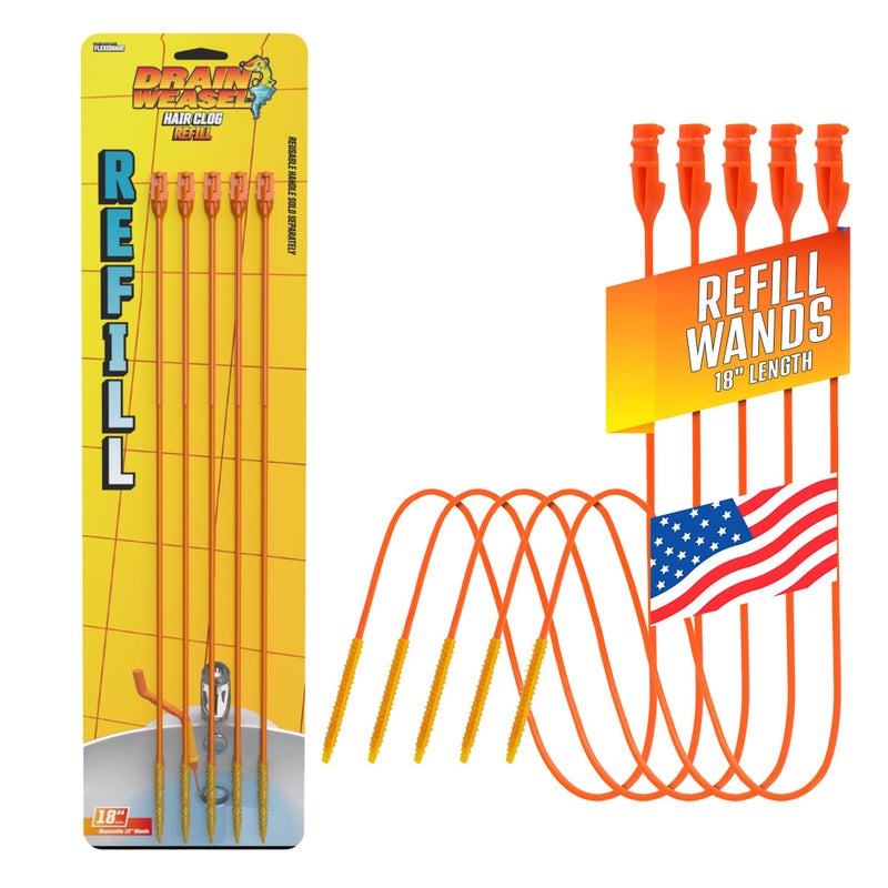 FlexiSnake Drain Weasel Refill - Sink Snake Hair Clog Remover Tool, Sink, Pipe, Bathroom, Bathtub Drain Cleaner, 18-inch Long Flexible Disposable Wands, Made in The USA, 5 Pack - Image 1