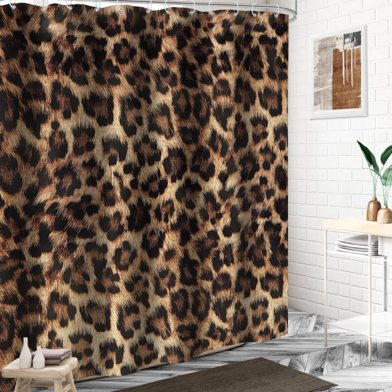 LIGHTINHOME Leopard Print Shower Curtain 60Wx72H Inch Wild Safari Skin Pattern Powerful Cheetah Cat Panthera Black Brown Fur Wildlife Waterproof Bathroom Home Decor 12 Plastic Hooks - Image 3