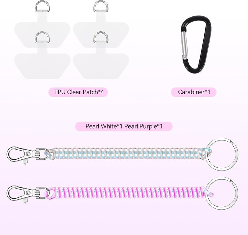 Doormoon Phone Lanyard Leash with 4 Patch, 2* Phone Tether, 4* Phone Tether Tab, 1* Carabiner for Climbing Outdoor Hiking Cycling Skiing Compatible for Smartphones Keys, PearlWhite; PearlPurple - Image 4